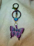 Blue and Purple Rhinestone Butterfly Keychain with iridescent blue accent bead and oil spill Clasp