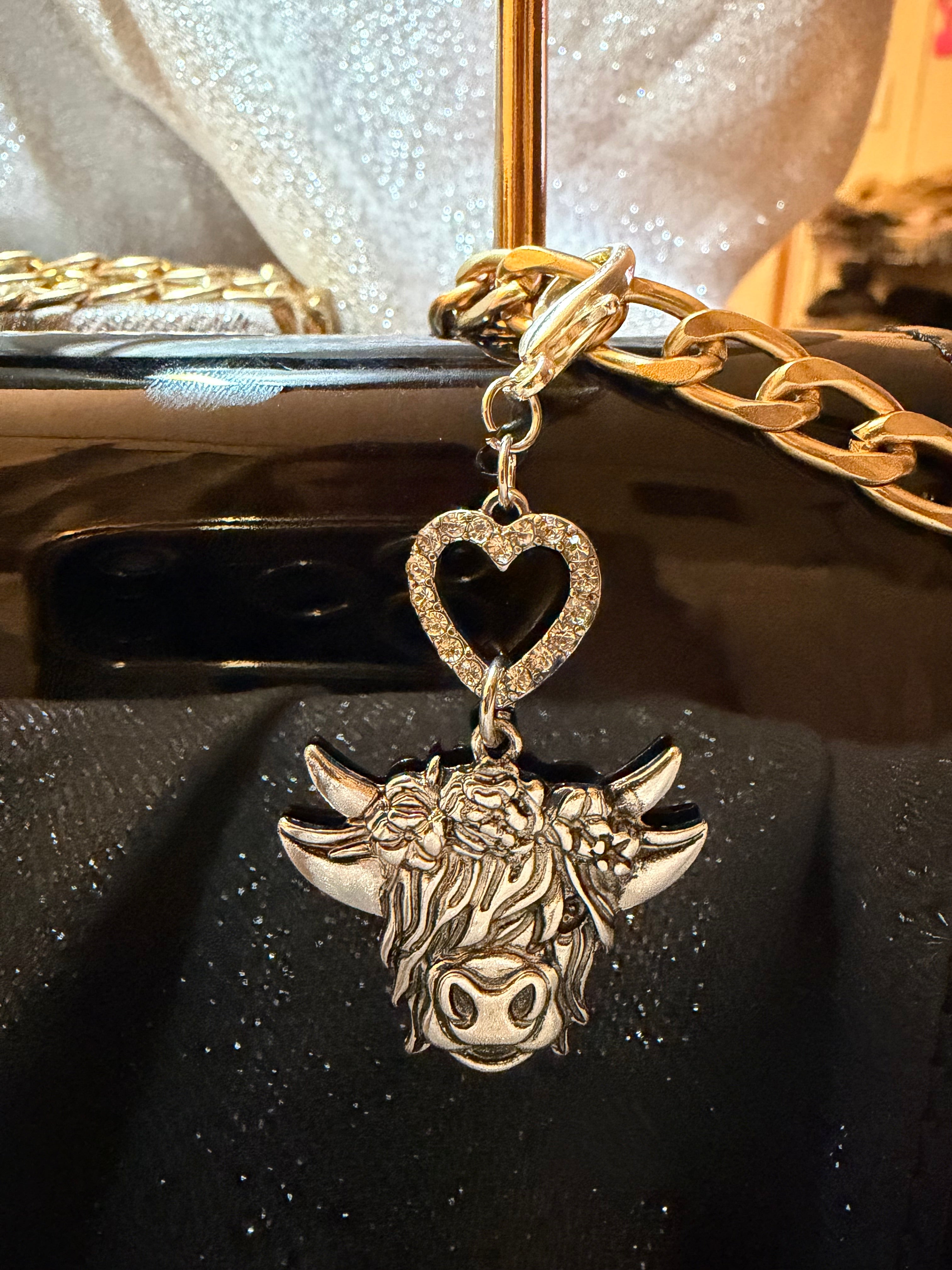 Highland Cow with Rhinestone Heart accent bead bag charm