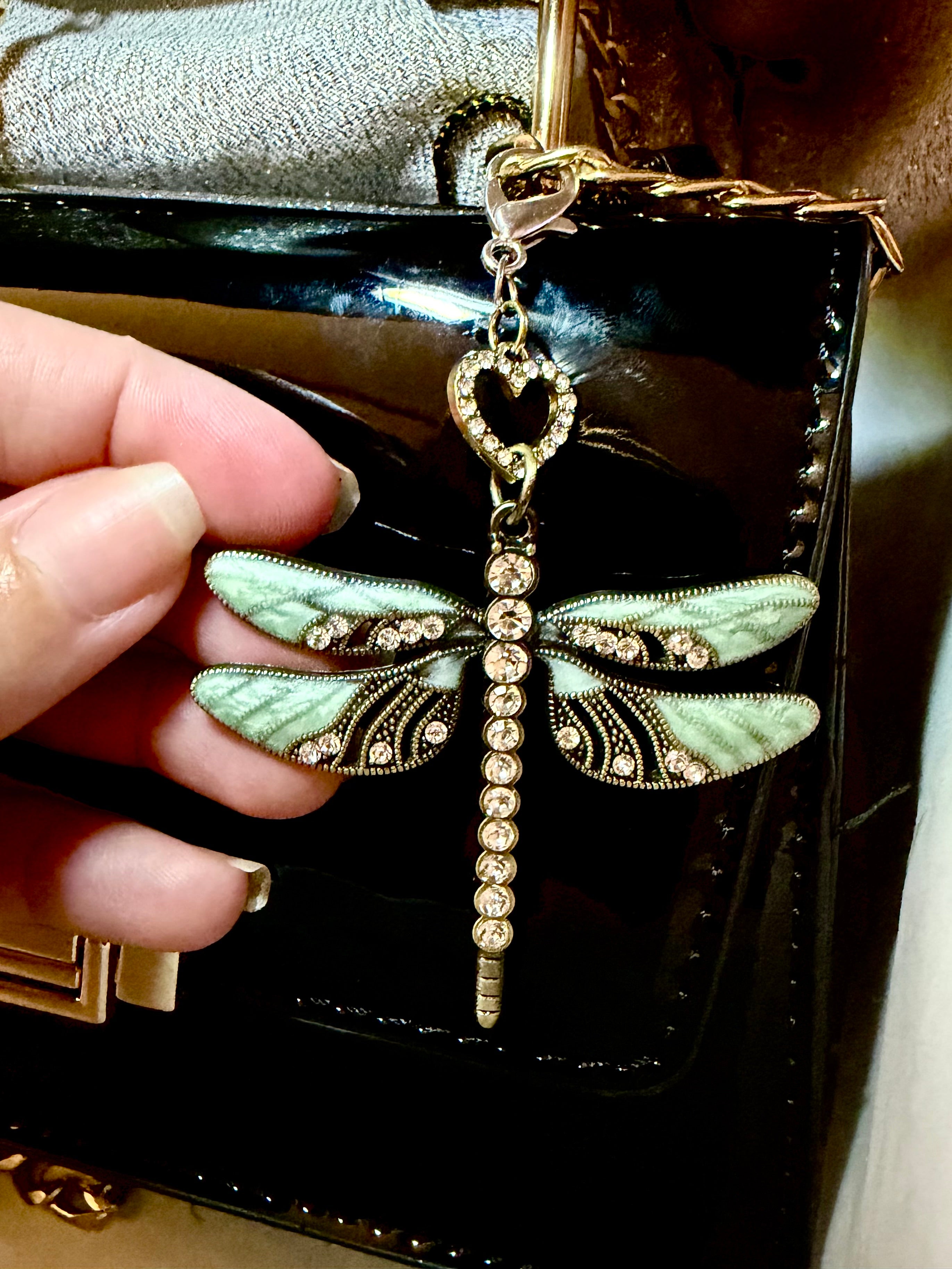 Emerald Green Dragonfly with rhinestone heart accent bead bag charm