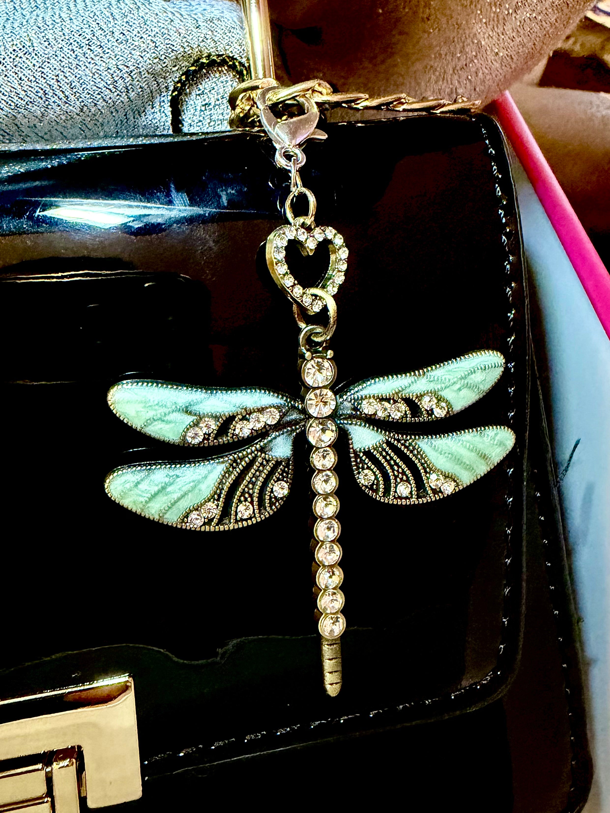Emerald Green Dragonfly with rhinestone heart accent bead bag charm