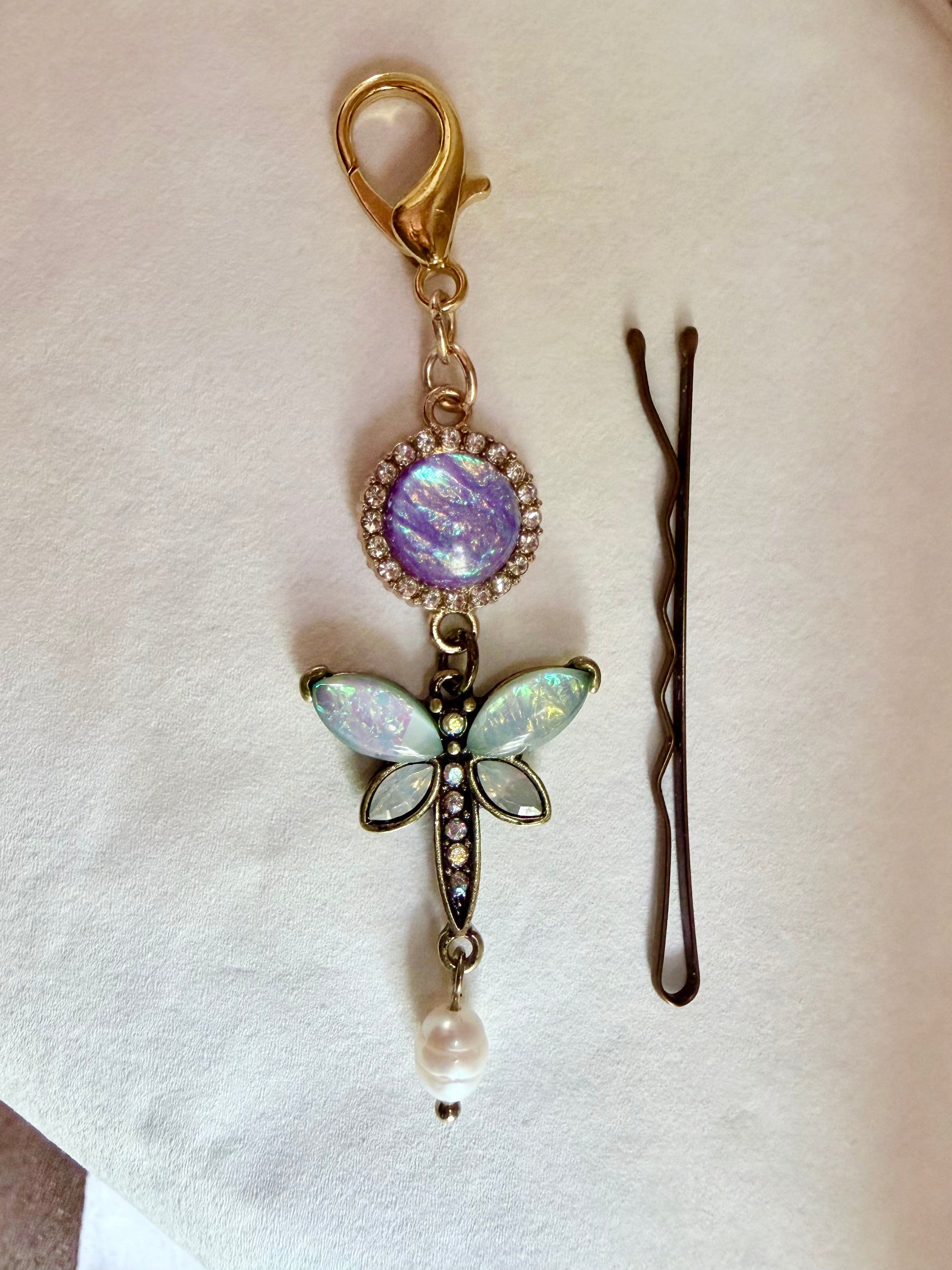Opal moonstone dragonfly with drop pearl accent and iridescent lavender bead bag charm