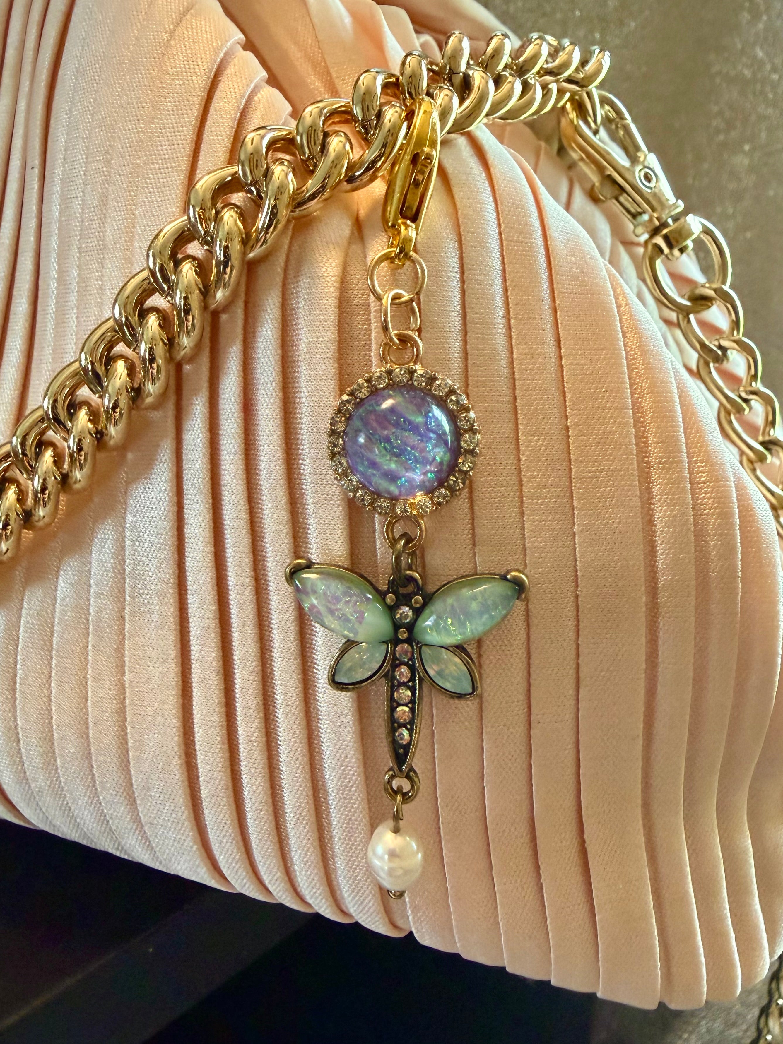 Opal moonstone dragonfly with drop pearl accent and iridescent lavender bead bag charm