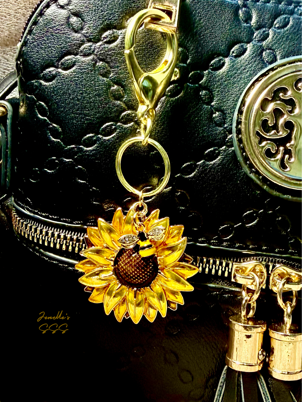 Sunflower Keychain with Bee charm and brass gold clasp