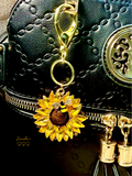 Sunflower Keychain with Bee charm and brass gold clasp