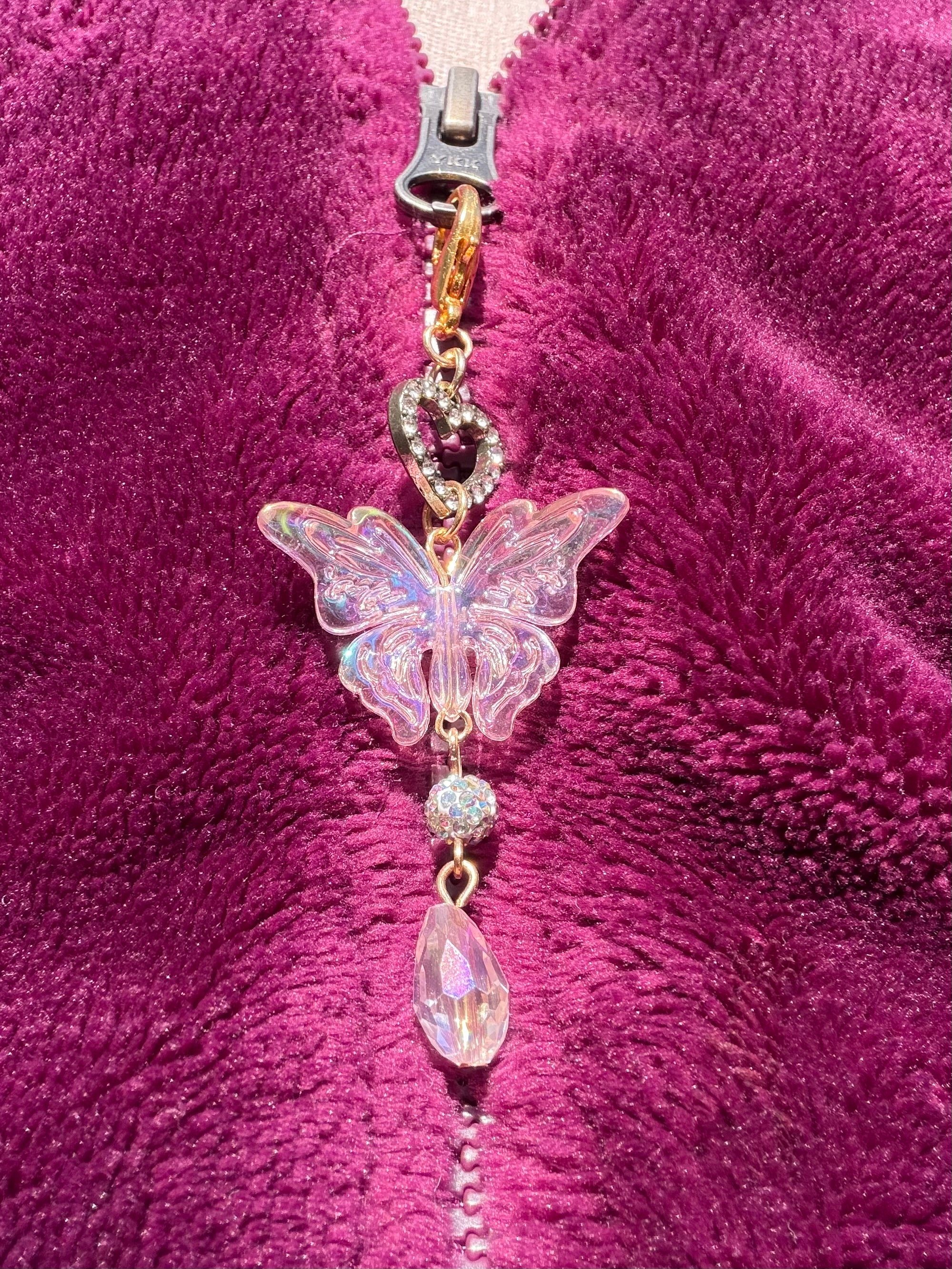 Ice Crystal Pink Butterfly Bag Charm with rhinestone heart bead and accented drop beads