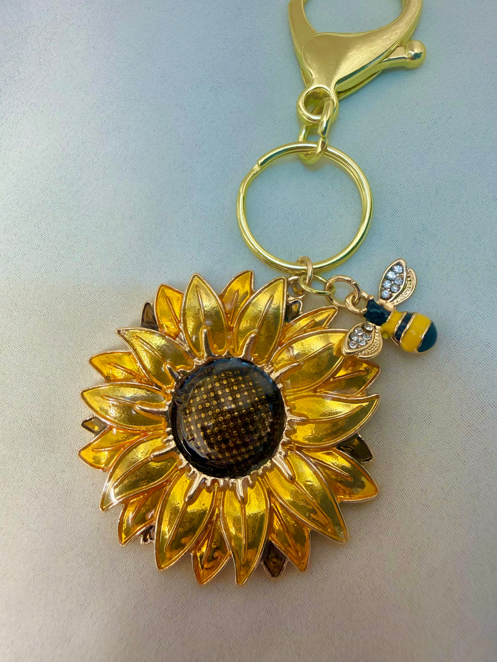 Sunflower Keychain with Bee charm and brass gold clasp