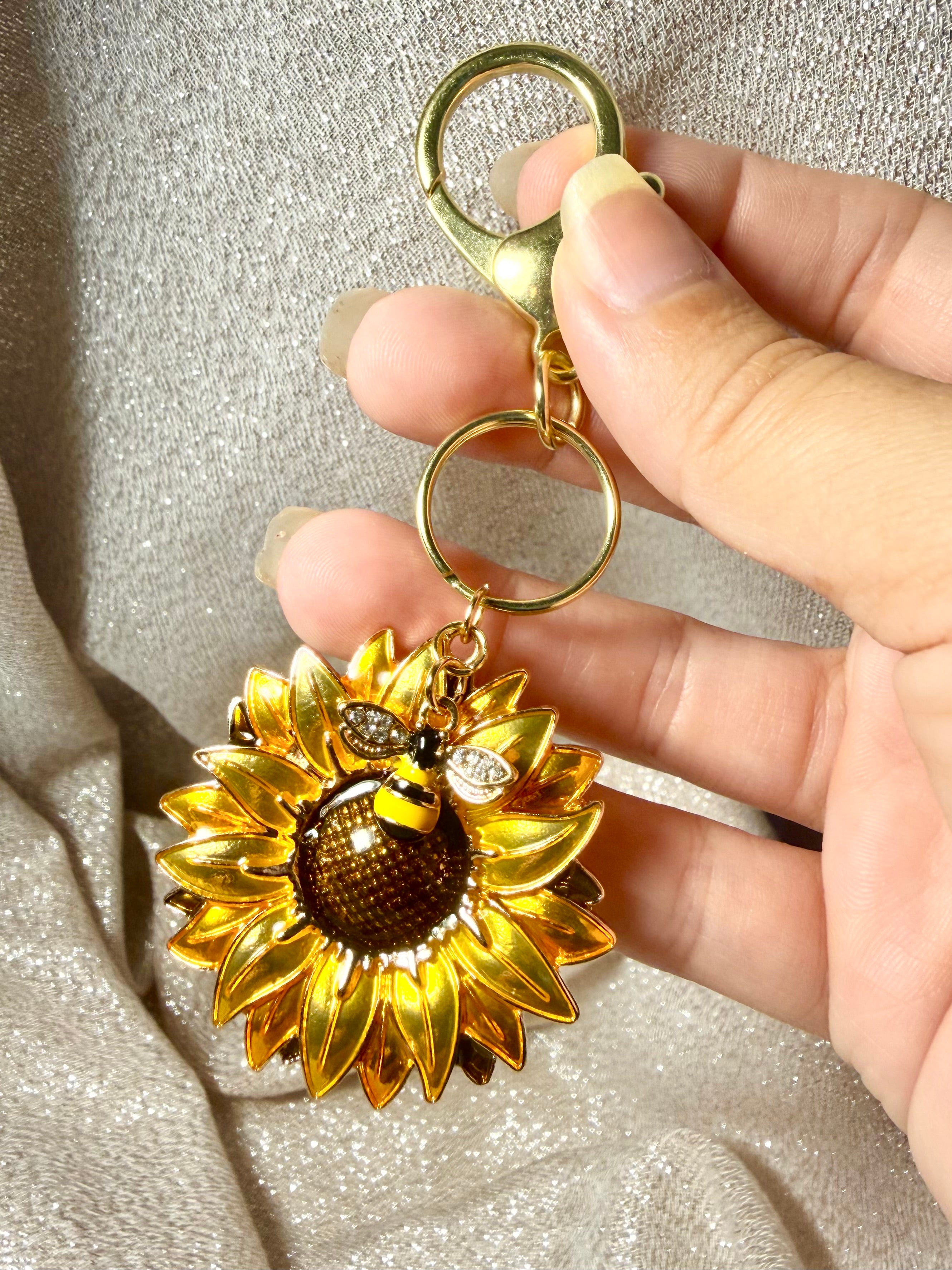 Sunflower Keychain with Bee charm and brass gold clasp