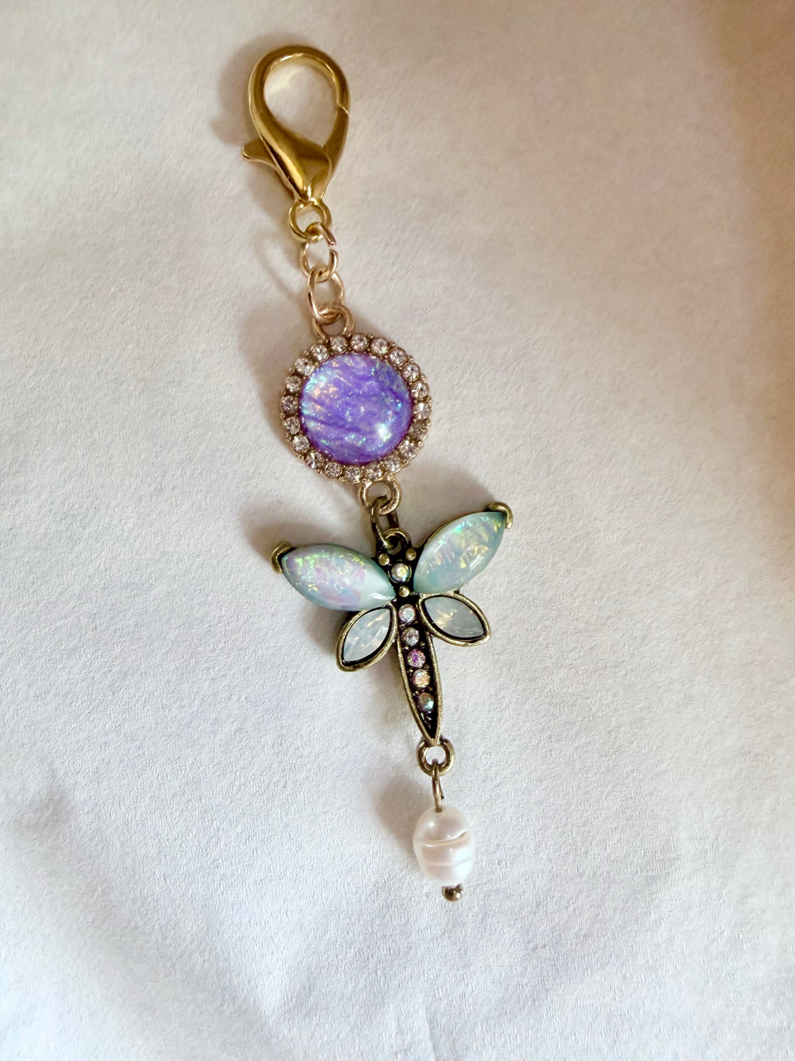 Opal moonstone dragonfly with drop pearl accent and iridescent lavender bead bag charm
