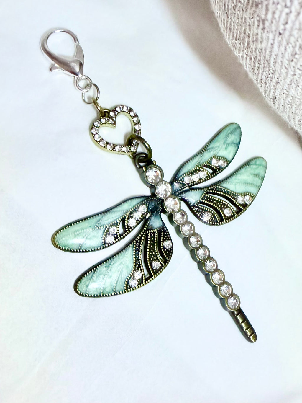 Emerald Green Dragonfly with rhinestone heart accent bead bag charm