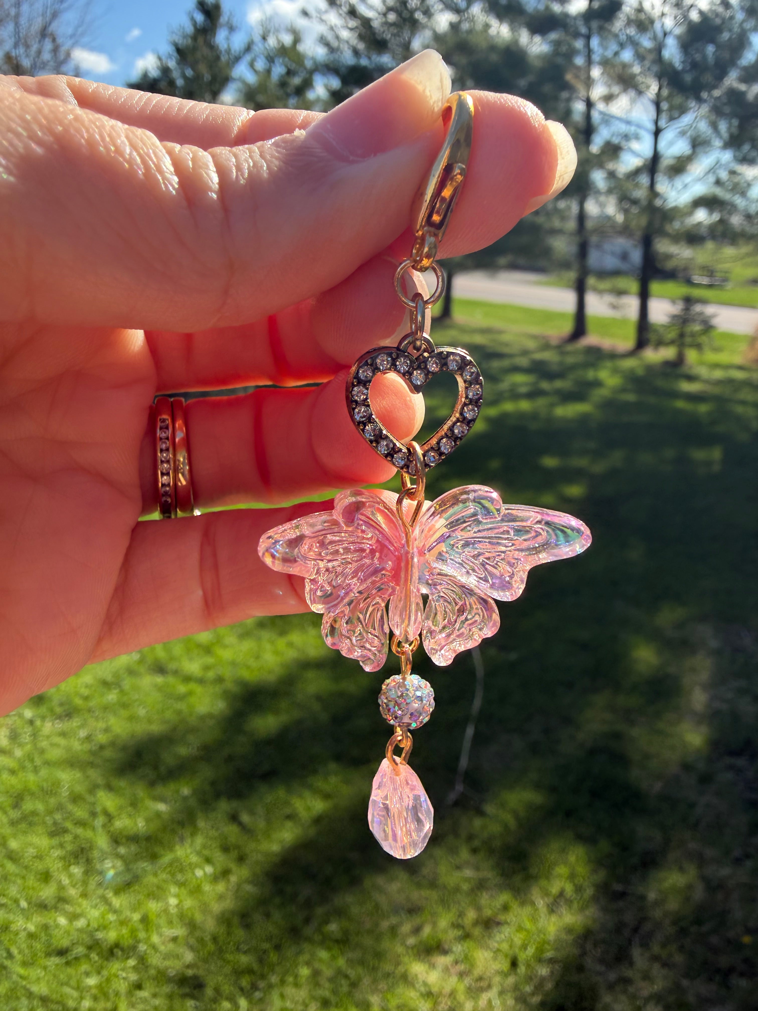 Ice Crystal Pink Butterfly Bag Charm with rhinestone heart bead and accented drop beads