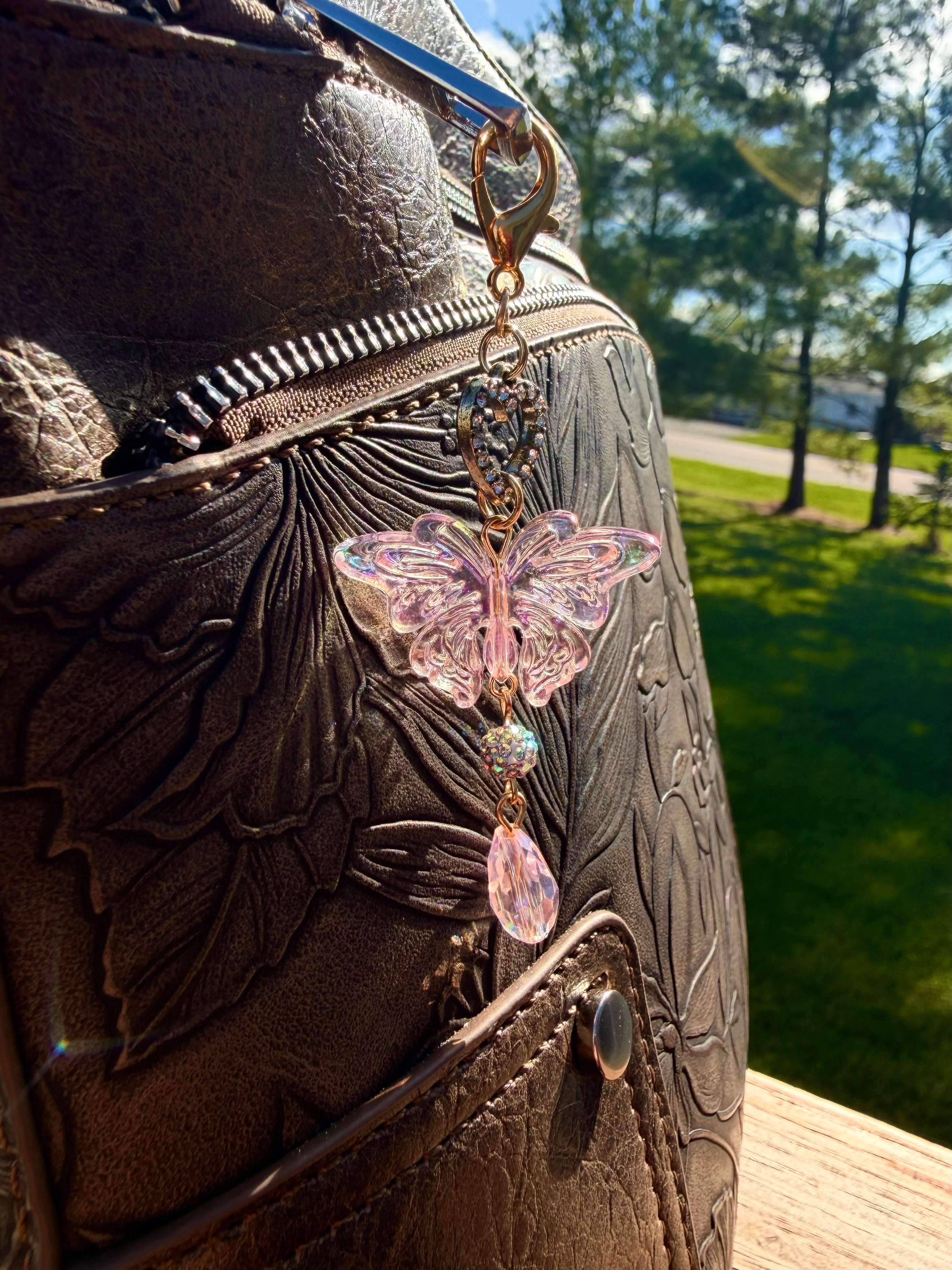 Ice Crystal Pink Butterfly Bag Charm with rhinestone heart bead and accented drop beads